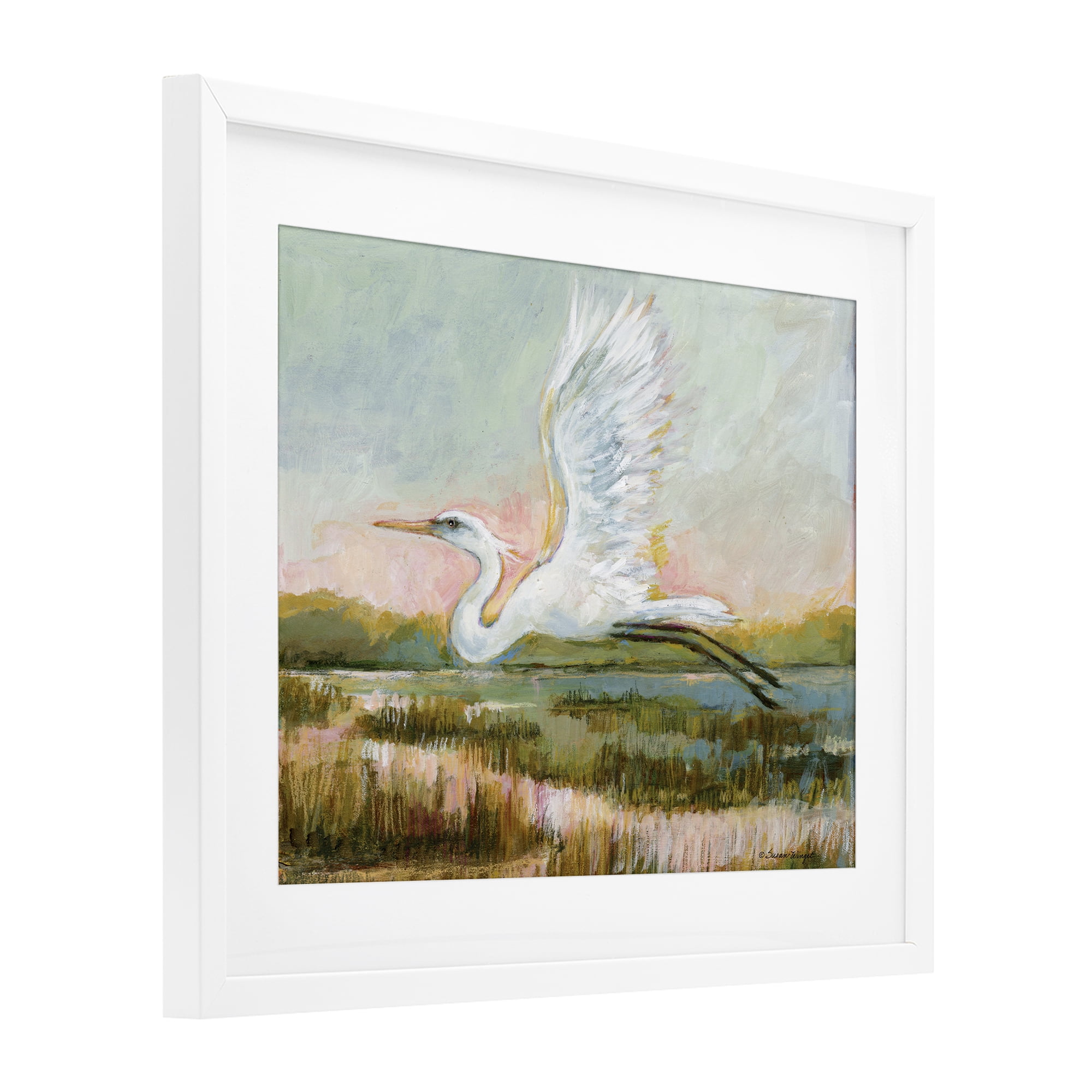 Stupell Industries White Heron Flying White Framed Print Under Glass, design by Susan Winget