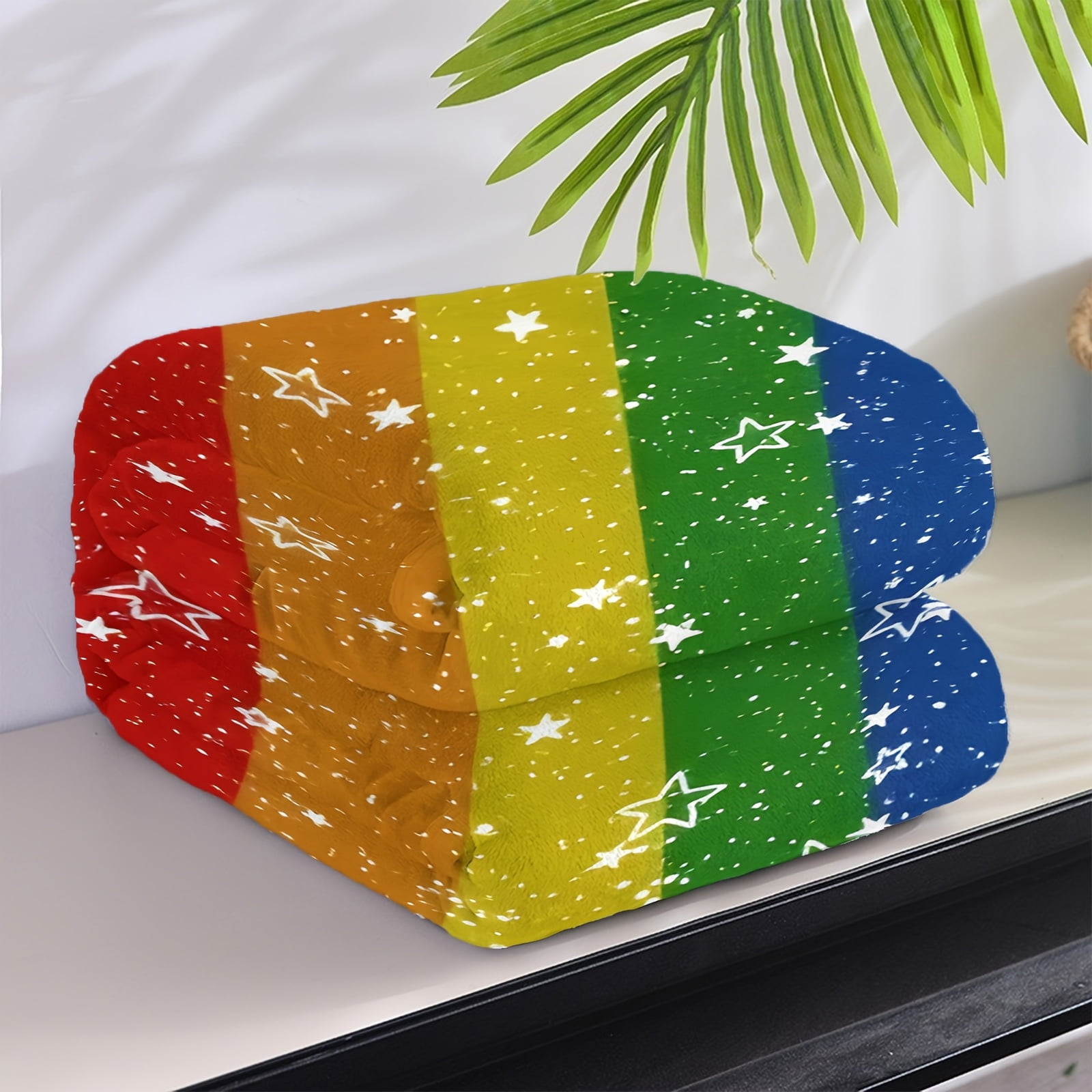 1pc Rainbow Pride Cozy Throw Blanket with Starry Night Design – Soft Polyester Knit, All-Season Comfort, Vibrant Rainbow Colors, Perfect for Home