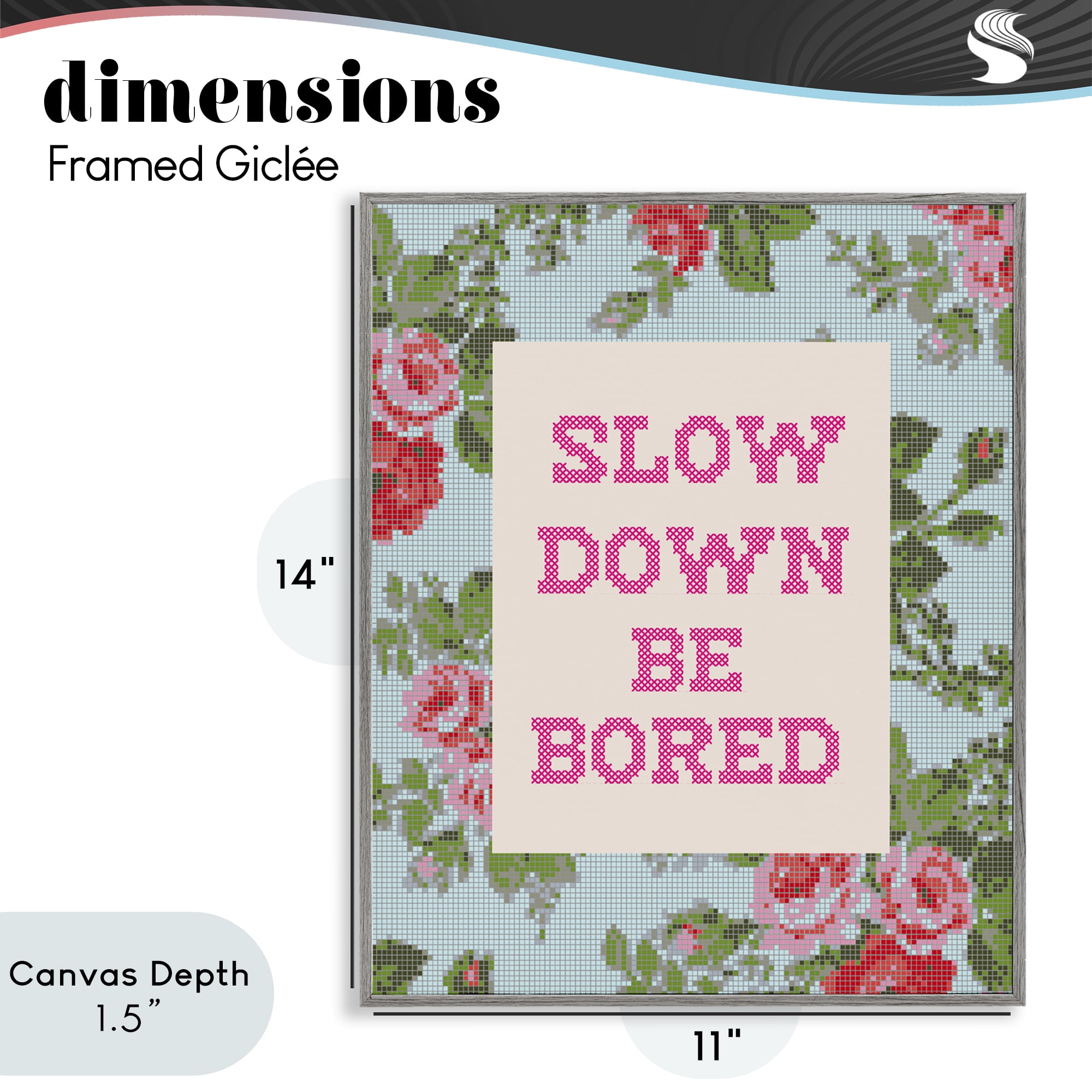 Stupell Industries Slow Down Be Bored Faux Cross Stitch Gray Framed Giclee Art, design by Lil' Rue