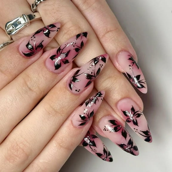 Press On Nails With Glittering French Glossy Flower Pattern Long Stilettos 24pcs Faux Nails Artificial Fingernail
