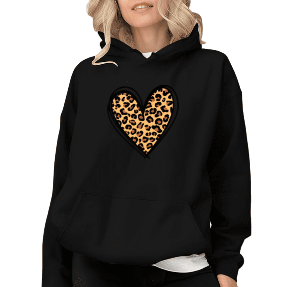 Women's Black Hoodie Graphic Tees Leopard Print Heart Pattern Shirts S-2XL Casual Daily Tops