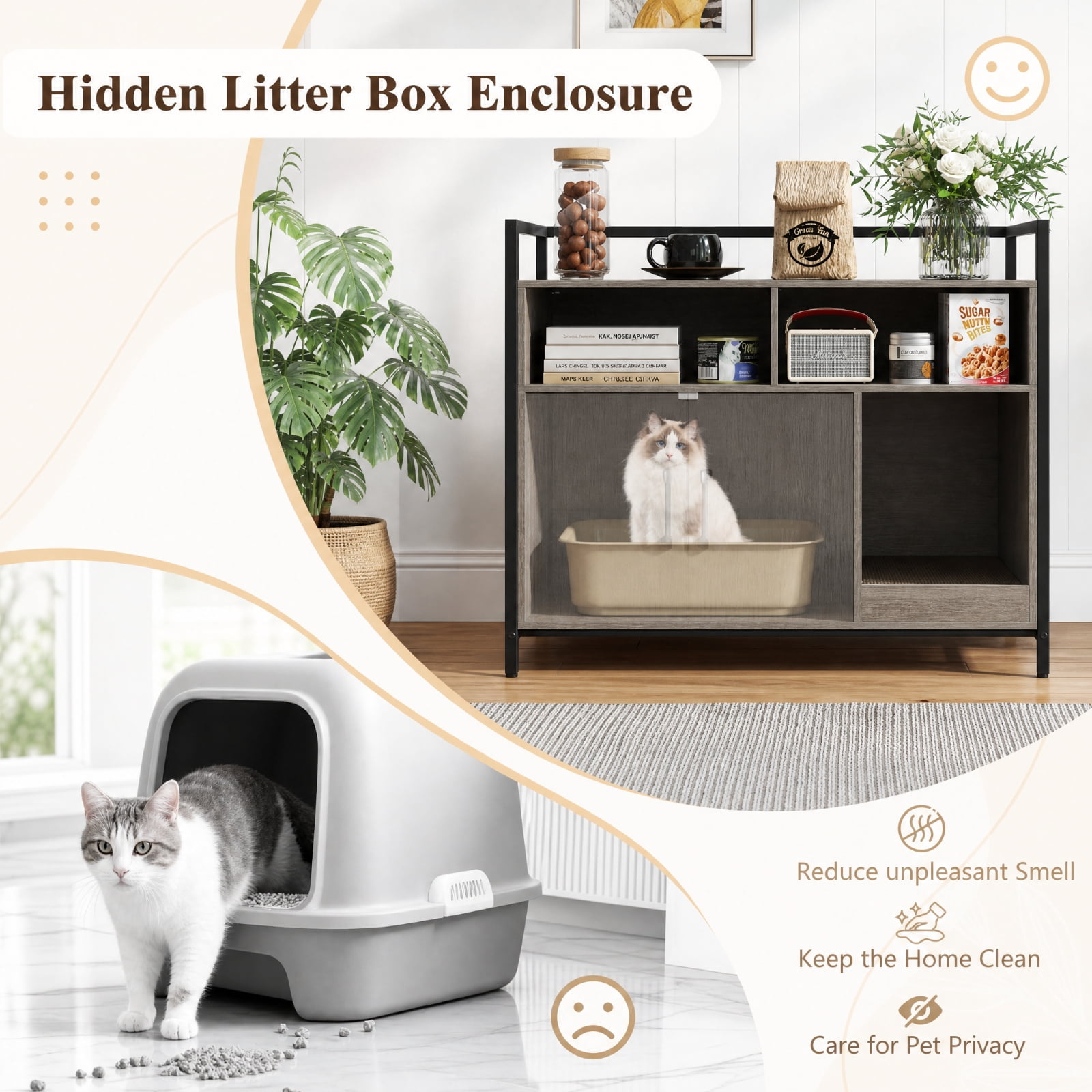 SUGIFT Hidden Cat Litter Box Enclosure, Wooden Cat Washroom Furniture with Double Doors, End Side Table Cat House Cabinet, Oak