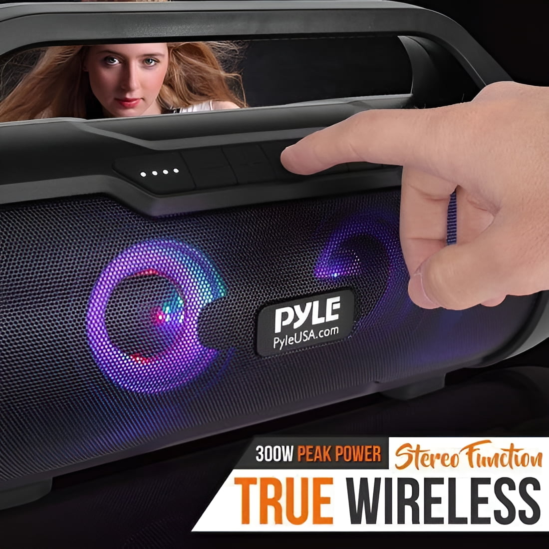 Pyle PBMWP185 - BoomBox Speaker System - & Portable Stereo Radio Speaker with Built-in RGB Lights, FM Radio