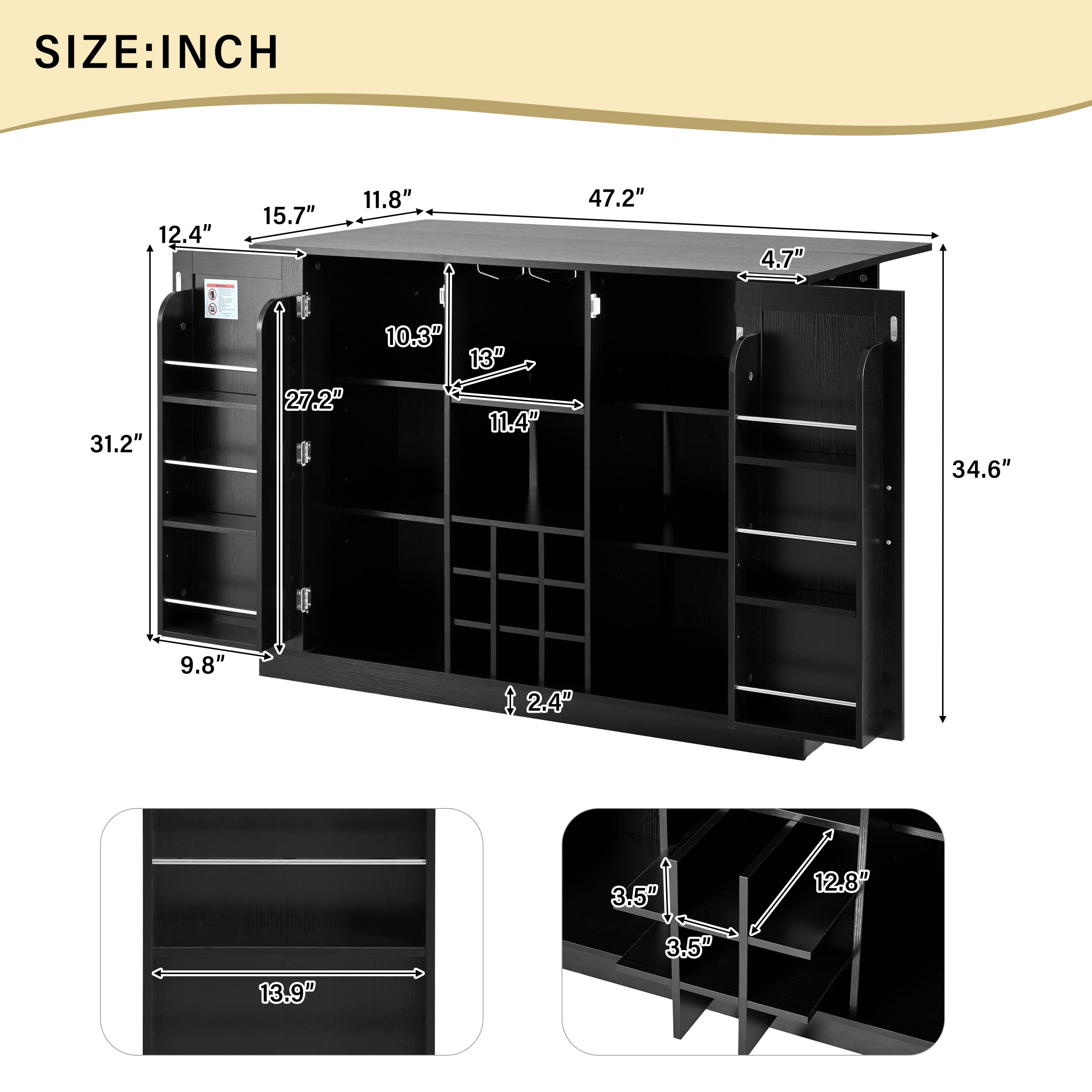Mintazer Kitchen Island Bar Cabinet with Foldable Top & Power Outlet, Storage Freestanding Counter Wine Station with Wine Rack & 2 Door, Black (Chairs Not Included)