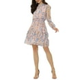 thumbnail image 4 of INSPIRE CHIC Women's Floral Stand Collar Tiered Ruffle Hem Long Sleeve Chiffon Dress M Pink, 4 of 6