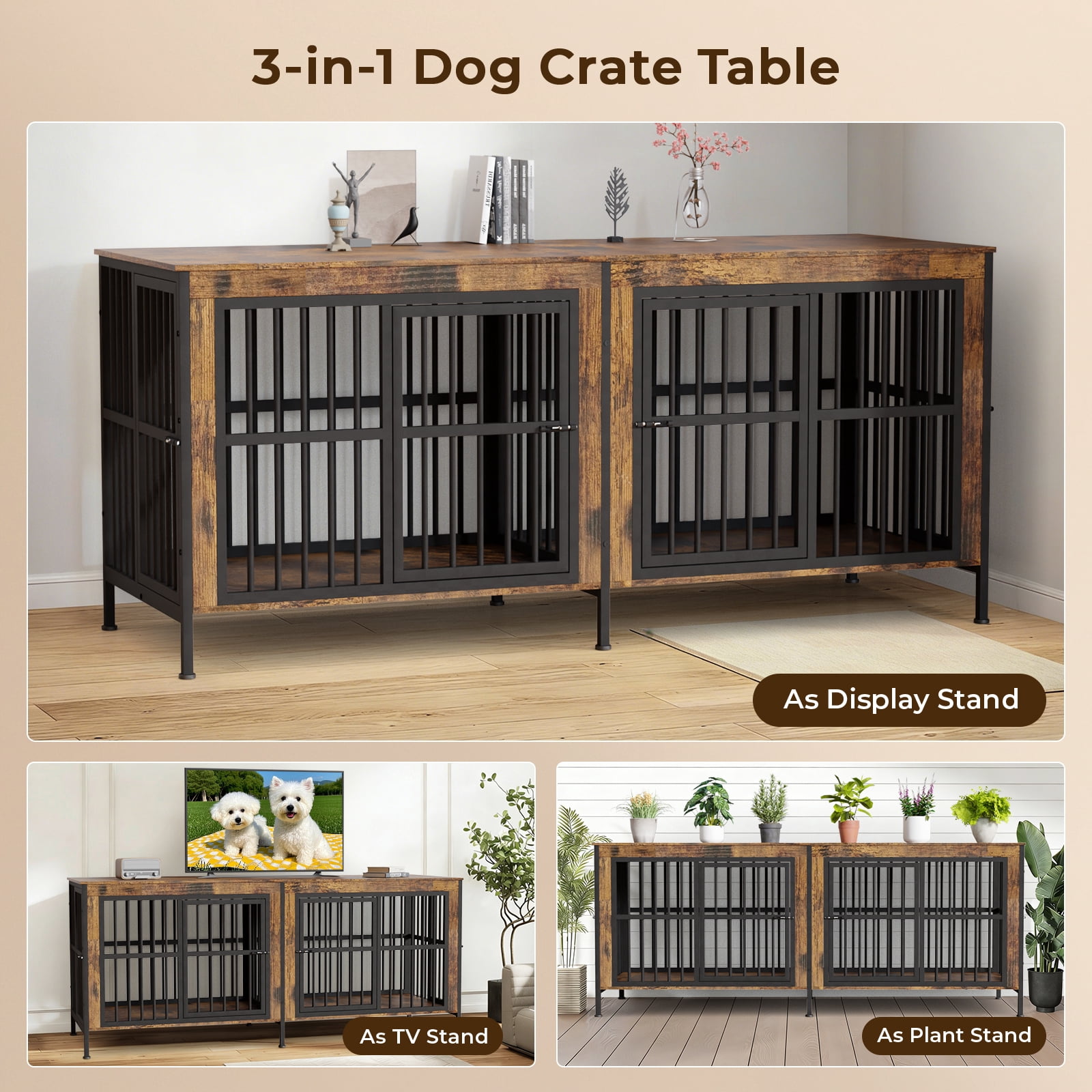 Ironovahome 88" Dog Crate Furniture for 2 Large Dogs with Sturdy Removable Divider and Double Doors, XXL Extra Large Indoor Dog Kennel, Thick Heavy Duty Wooden Dog Cage, Brown