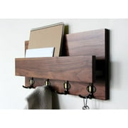 Solid Walnut Hardwood Entryway Mail Key Organizer, Modern Rustic and Handmade. Wall-mounted Coat Rack, Home Decor Shelf with 4 Bronze Hooks #1