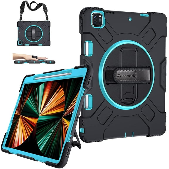 Case for iPad Pro 12.9 2021 5th Generation: Military Grade Heavy Duty Shockproof Silicone Protective Cover for iPad 12.9 Inch 2020 & 2018 w/ Pencil Holder - Stand - Handle - Shoulder Strap- Mint Green