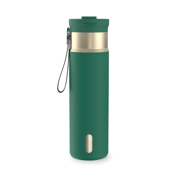 Contigo DualSip Leakproof Stainless Steel Reusable Water Bottle Tumbler with Carrying Strap, Green/Champagne, 24 oz