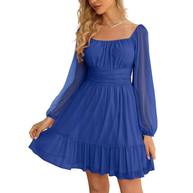 Vestido Wenrine Mesh de manga larga con cuello cuadrado en una línea azul para mujer