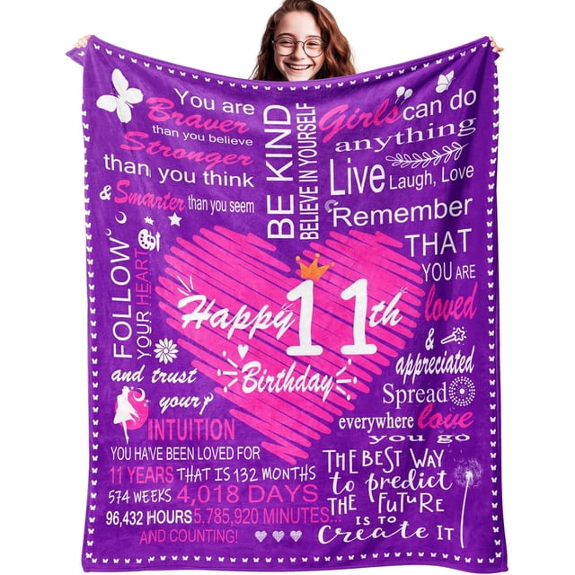 LHSHID 11th Birthday Gifts for Girls 11th Birthday Decorations for Girls 11th Birthday Blankets 11th Birthday Gifts for Girls Happy 11th Birthday Throw Blanket 60"x80"