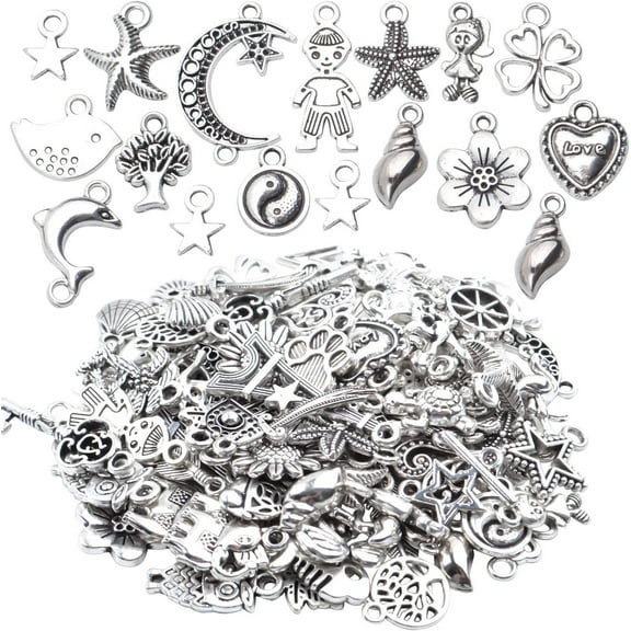 Silver Charms Bulk Wholesale,100 Pieces Mixed Alloy Jewelry Pendants Vintage Craft Supplies for Jewelry Making Necklace Bracelet Decoration Accessory