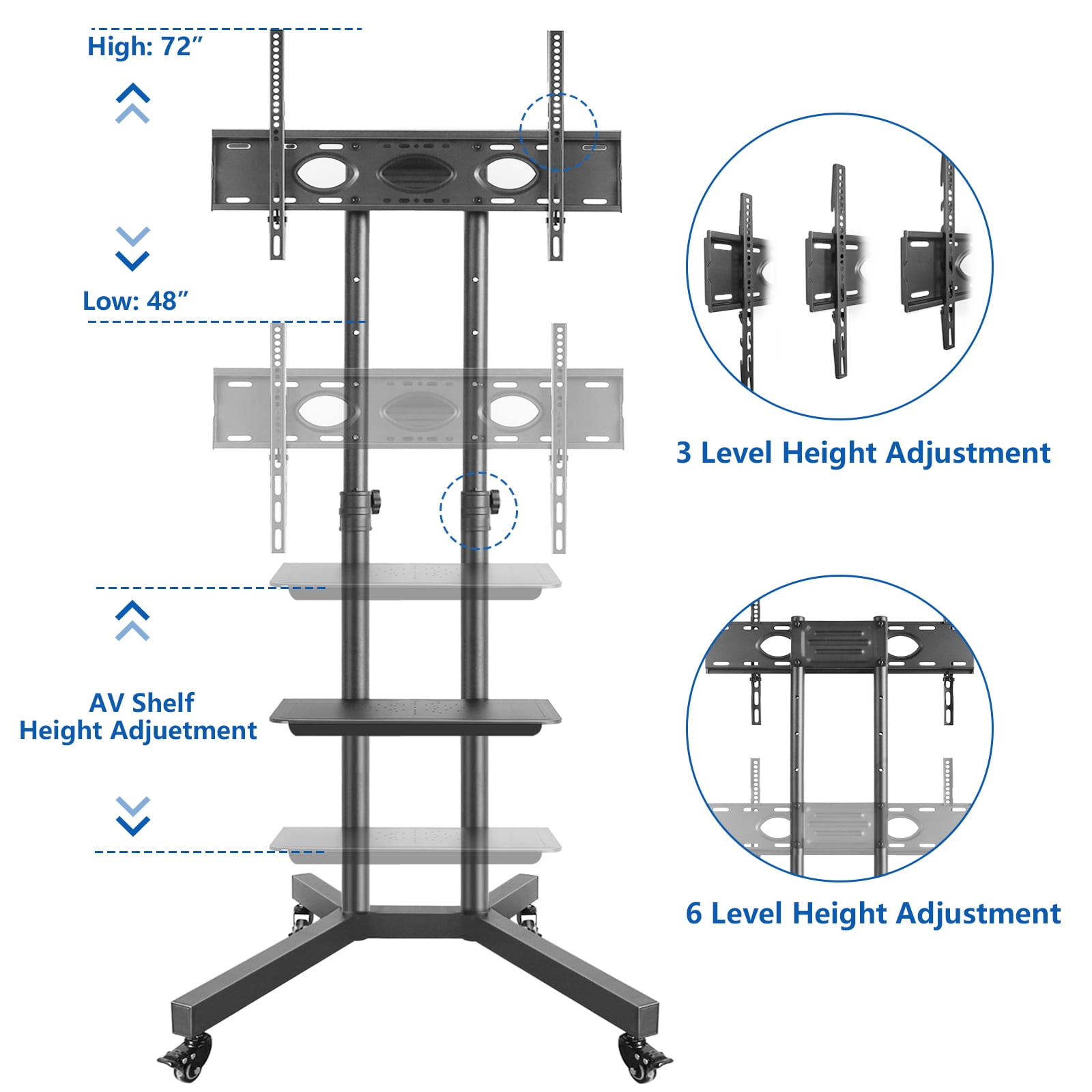 Mobile TV Stand for 40 to 75 Inch Flat Panel TVs, Black Rolling TV Cart
