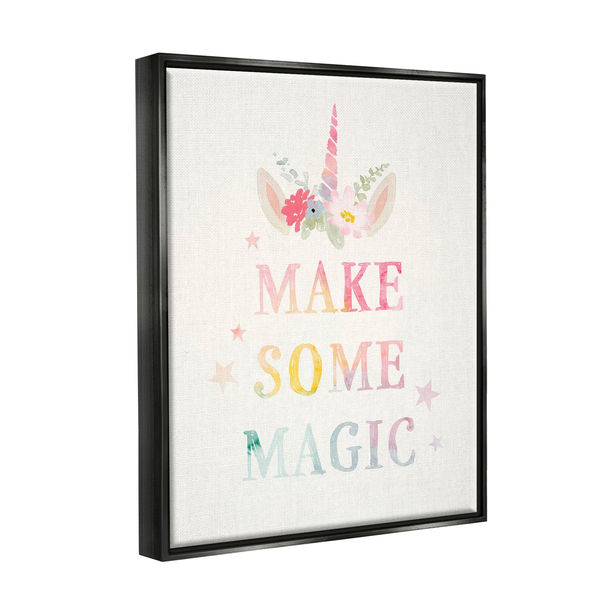 Stupell Industries Make Some Magic Unicorn Horn Flower Blossoms Graphic Art Jet Black Floating Framed Canvas Print Wall Art, Design by Victoria Barnes