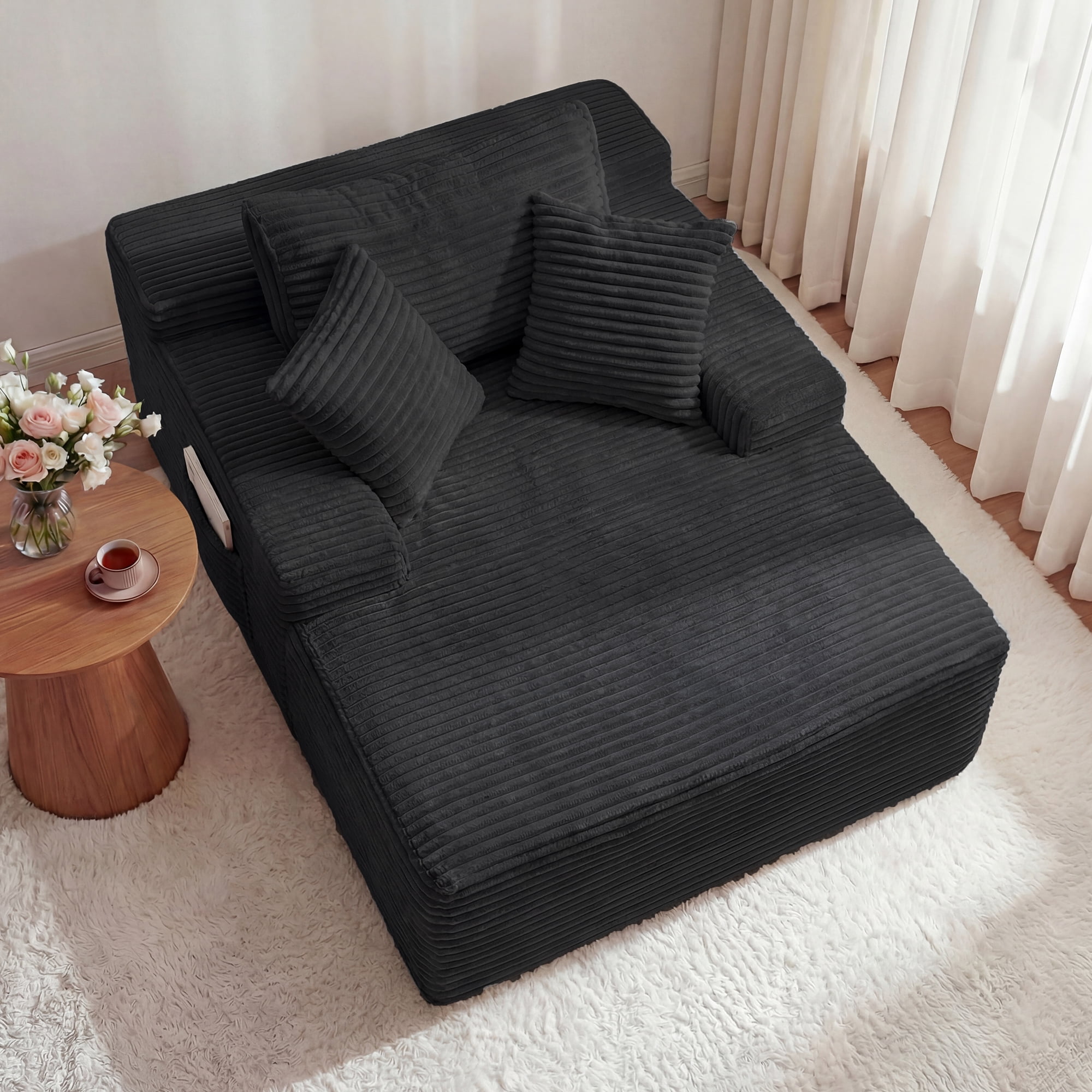 67" Corduroy Boneless Chaise Sofa for Living Room, 9.9'' Wide Armrest Lounge Chair, Indoor Oversized Sleeper Sofa, Deep Seat, 3 Soft Pillows Sofa Bed, No Assembly Required, Black