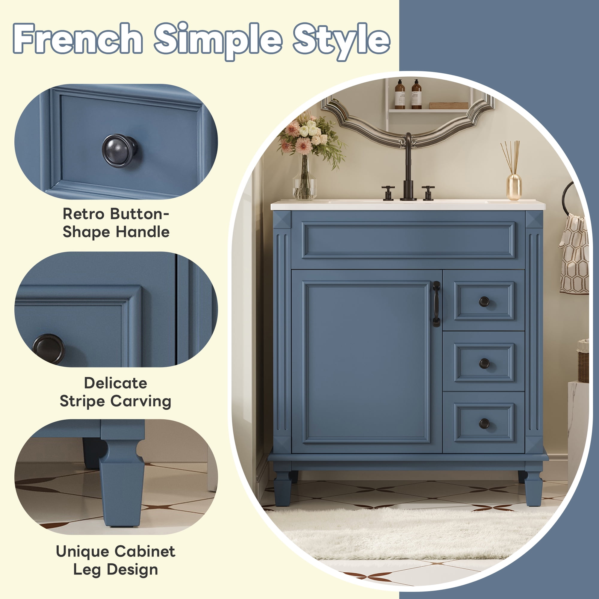 Harper & Bright Designs 30'' Small Bathroom Vanity with Sink, Modern Bathroom Cabinet Freestanding with Drawers, Bathroom Storage Cabinet with Adjustable Shelf, Blue
