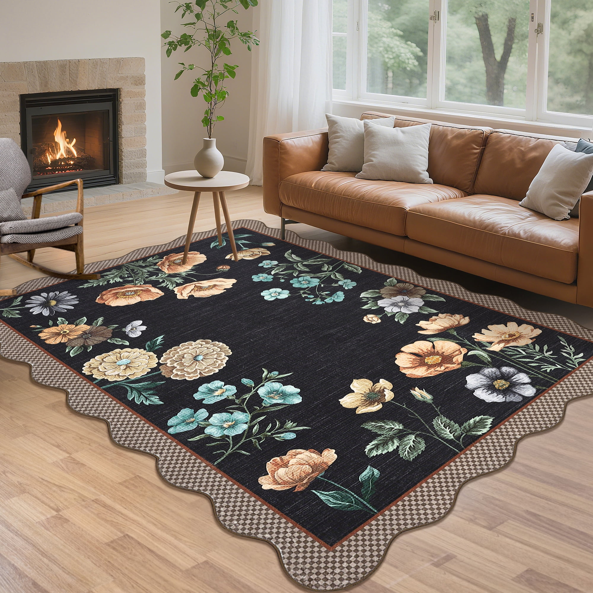 Hasoo Washable Living Room Area Rug 5x7 Modern Scalloped Floral Non-Slip Soft Low Pile Indoor Black Carpet