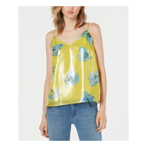BAR III Womens Yellow Metallic Floral Spaghetti Strap V Neck Tank Top S