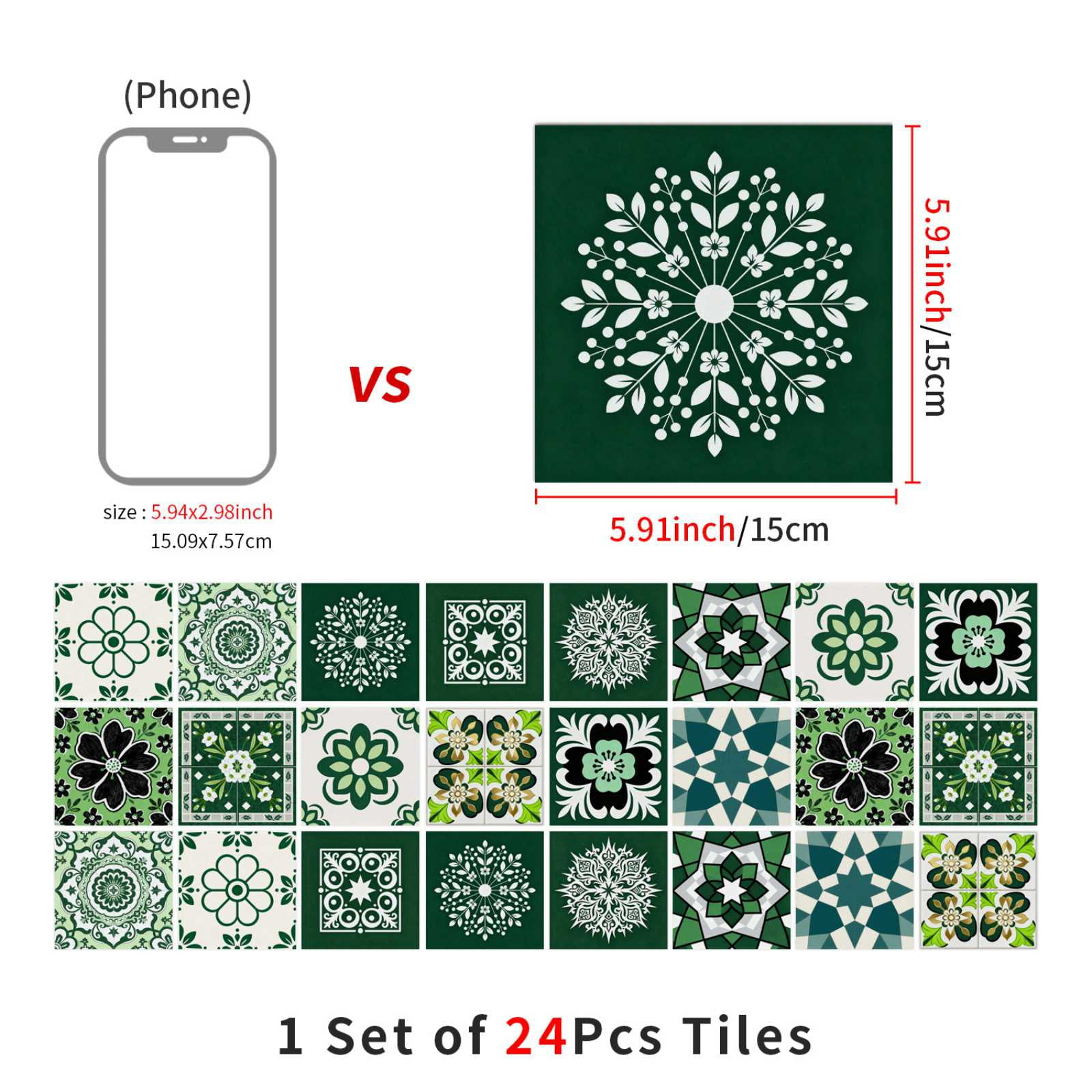 24PCS Mediterranean Style Peel and Stick Wall Tile Decals - 6"x6" Vintage Waterproof Vinyl Moroccan Bohemian Stickers for Kitchen Backsplash, Bathroom, Stair Riser Decor