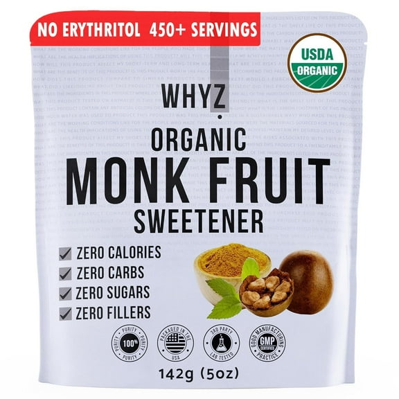 WHYZ Monk Fruit Sweetener, Organic Sugar Substitute, No Erythritol, 5 oz 454 Servings
