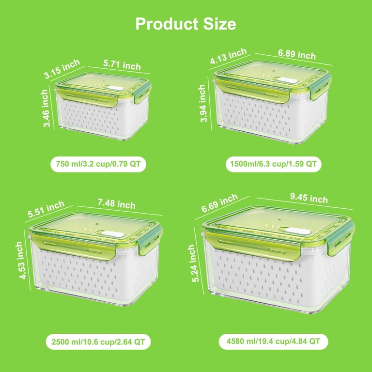4pack Fruit Storcontainer For Fridge With Colander And Vent - Green ...