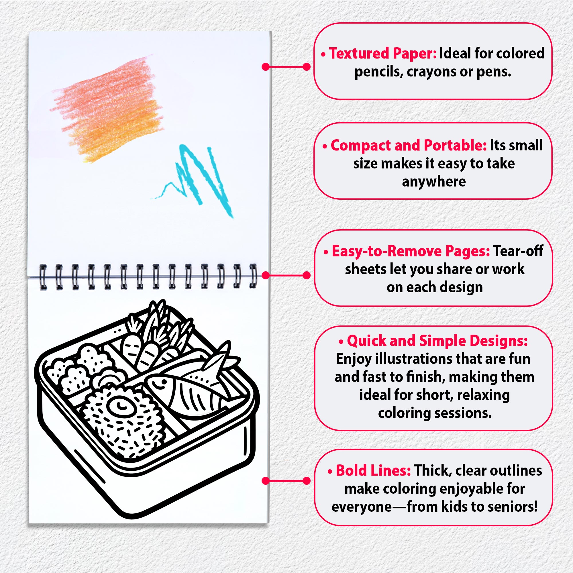 Food Mini Coloring Book Spiral Bound for Adult, Pack 6, 3.5” x 3.5” Pocket Size, 40 Coloring Pages Stress & Anxiety Relief, Travel for Women Men