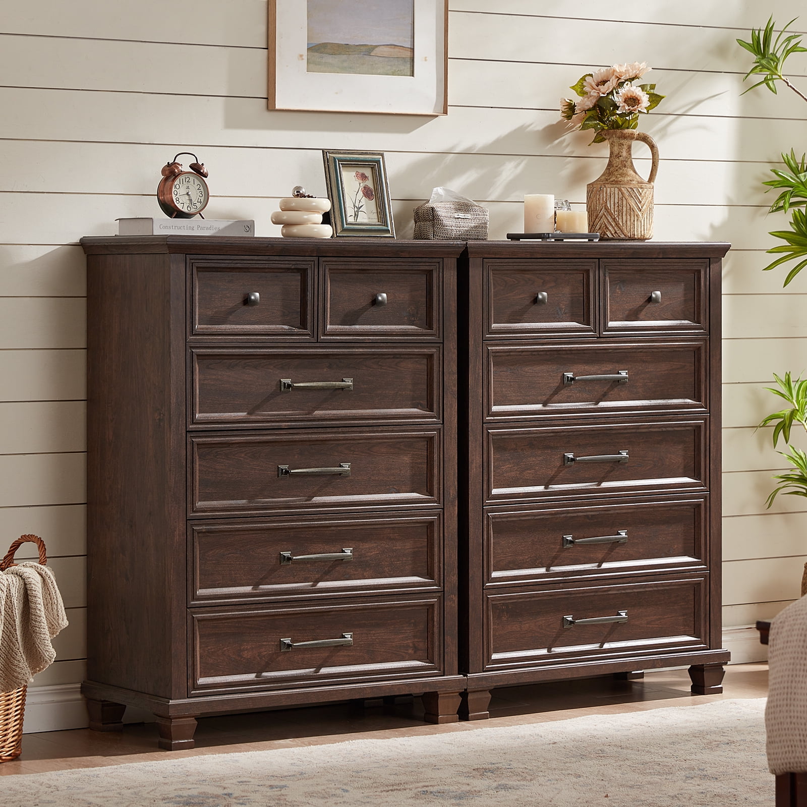 Vertical Dresser for Bedroom, LELELINKY 6 Drawer Dresser with Metal Handle, Chest of Drawers for Living Room, Walnut