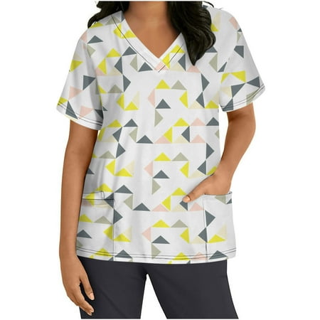 

Womens Summer Scrub Tops - Women s Short Sleeve V-neck Tops Working Uniform Floral Print With Three Pockets Blouse