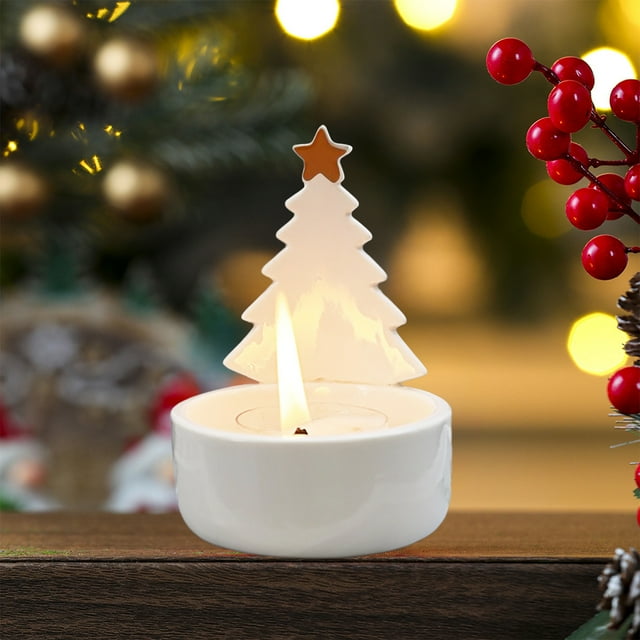 Portavelas de cerámica con forma de árbol de Navidad, 10,2 x 7,2 cm, ideal para aromaterapia y decoración del hogar (1 unidad, color amarillo) Rkxzt