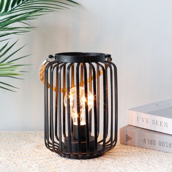 Medium Metal Cage Outdoor lantern, Battery Powered Cordless Lamp, Decorative Hanging Lantern with Rope Handle (Black)