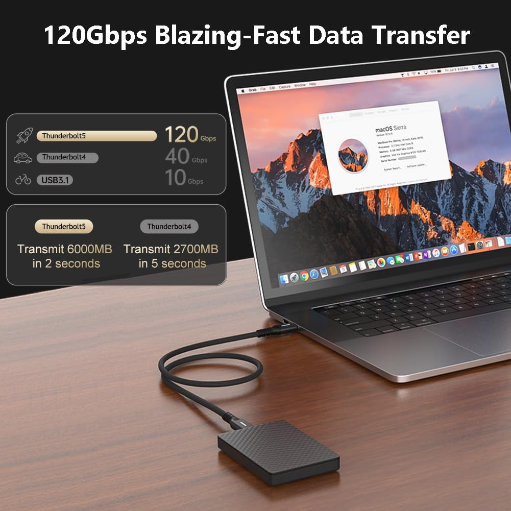 Alvin's Cables Thunderbolt 5 Cable, 4ft USB-C to USB-C Cable 120Gbps Bandwidth 240W PD Fast Charging 16K Display, Compatible with Thunderbolt 4/3,USB4, for MacBook,eGPU,Dock, Intel Certified