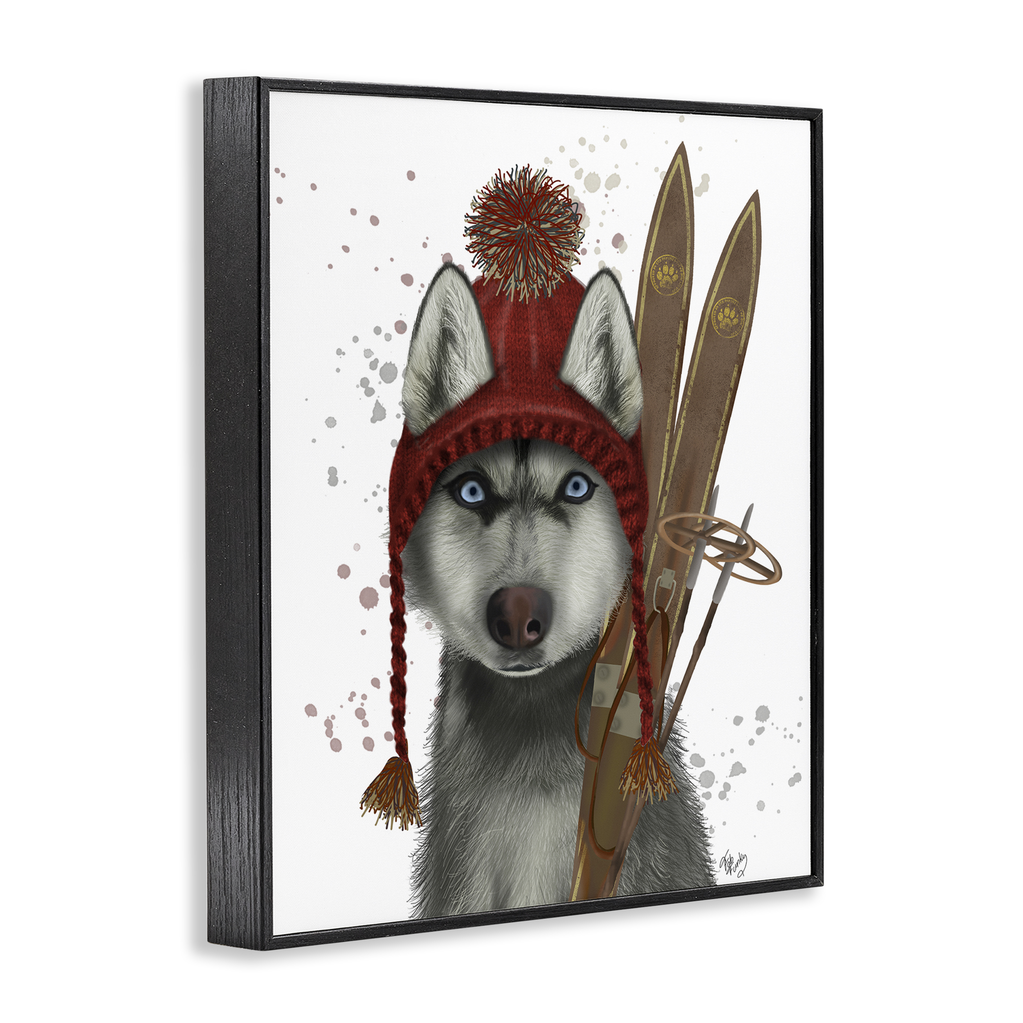 Stupell Industries Husky with Winter Skis Animals & Insects Painting Black Framed Art Prints Wall Art, 24 x 30
