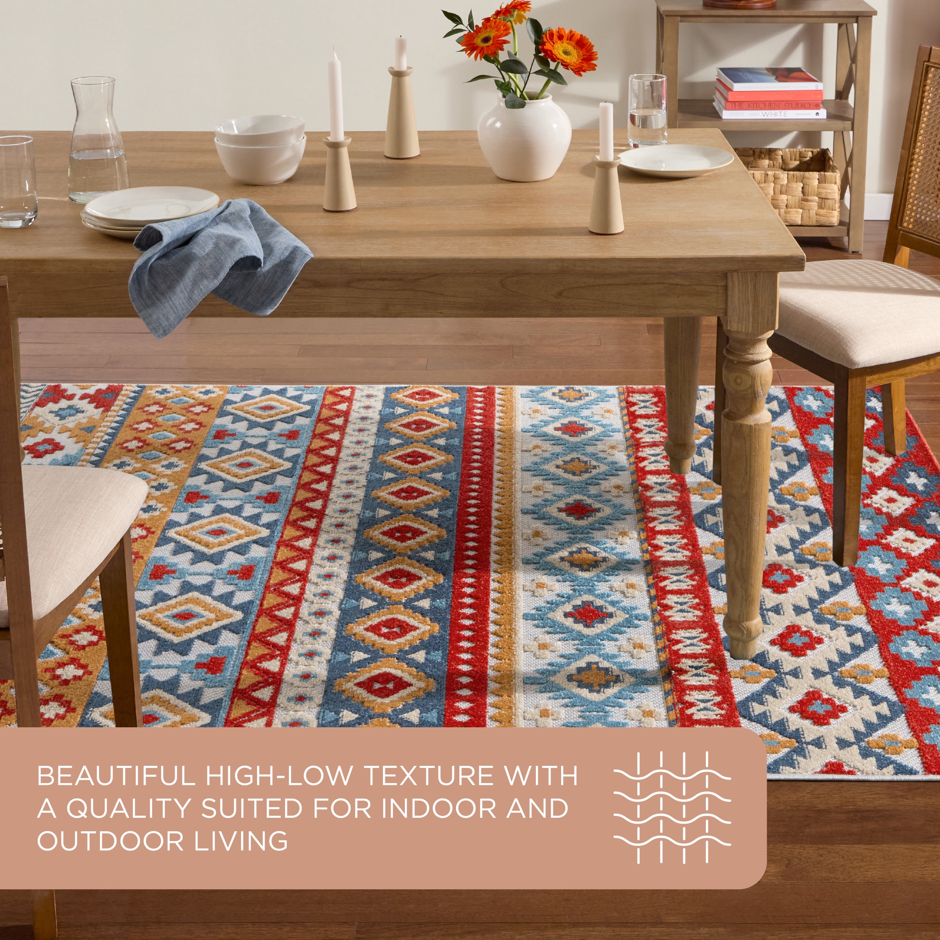 TOWN & COUNTRY EVERYDAY Dahlia Southwestern Stripe Indoor Outdoor Area Rug, UV Fade Resistant, High-Low Pile, Red/Mutli, 7'10"x10'2"