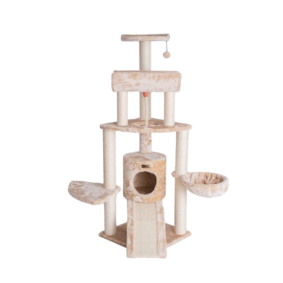 Spacious Cat Tree Tower with LoungeBasket - Real Wood Cat Furniture, 46" Tall, Beige