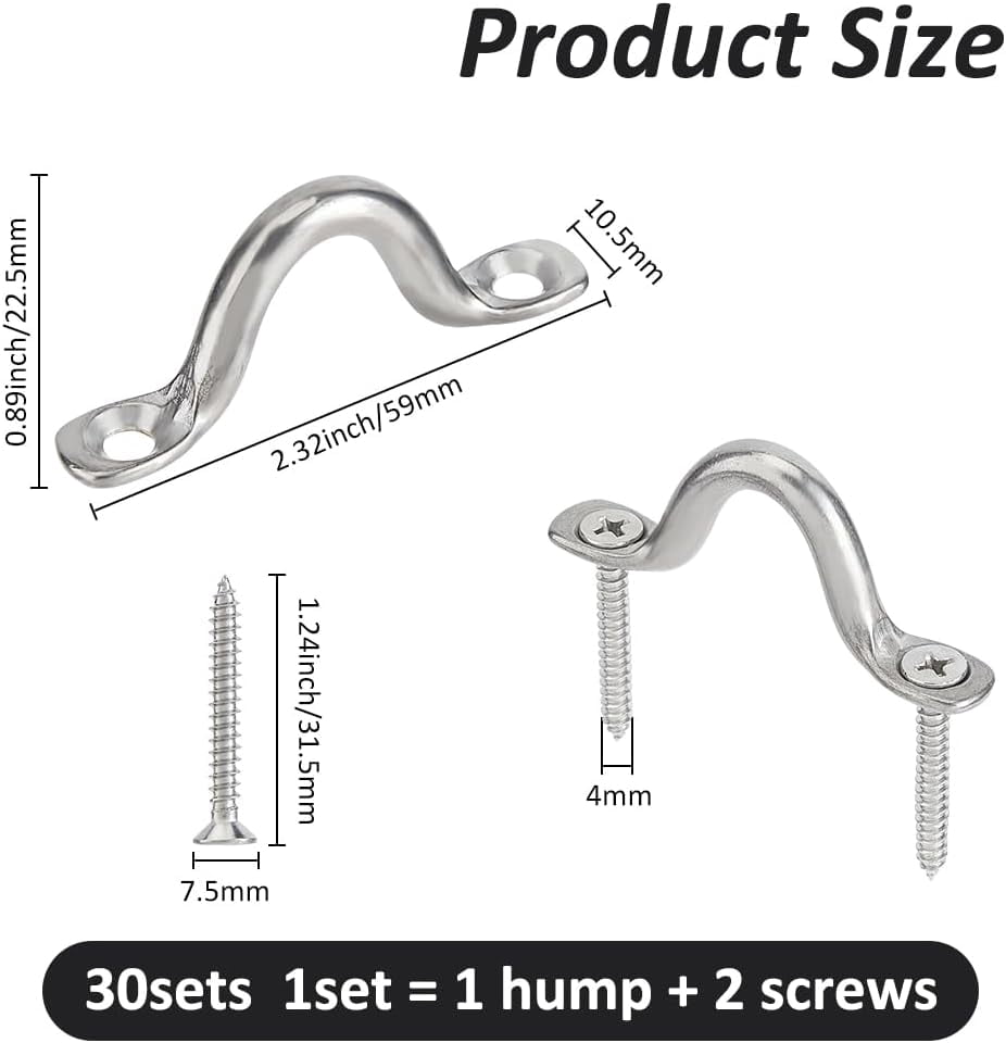30 Sets M6 Stainless Steel Eye Straps for Bimini Boat Top with 60Pcs Screws Bimini Boat Top PAD Eye Kayak Deck Loops Ceiling Wall Mount U Hooks Silver