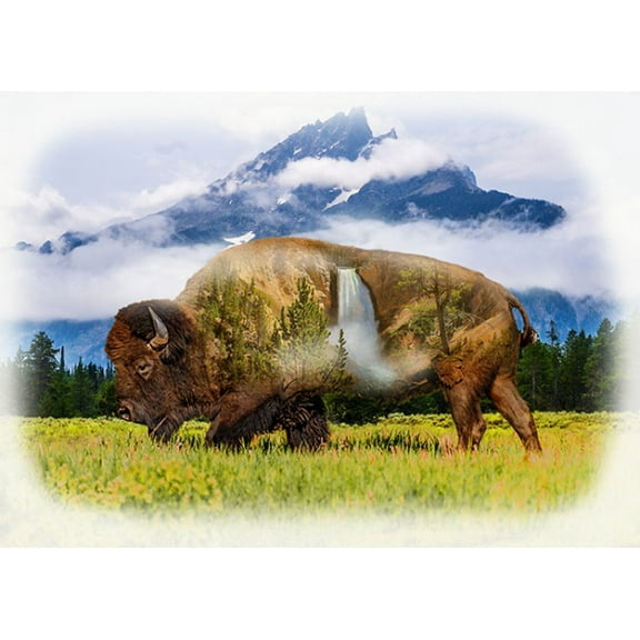 31" X 44" Panel Bison American Buffalo Mountains Scenic Landscape Animal Wildlife Call of the Wild Digital Print Cotton Fabric Panel (V5271-449-Waterfall)