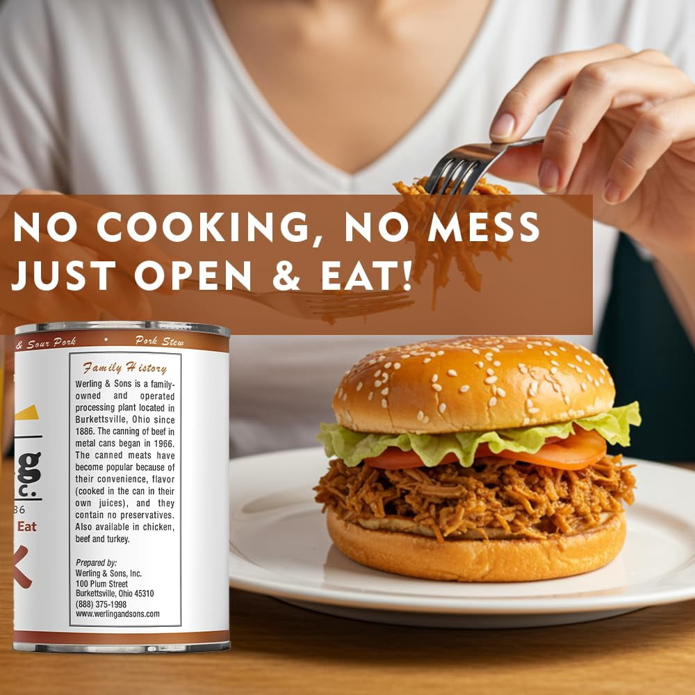 Werling & Sons Canned Pork 14.5 Oz – Fully Cooked, Heat & Serve | Premium Shelf-Stable Canned Meat | 5-Year Shelf Life | Ideal for Emergency, Survival, Camping & Quick Meals | Pack of 6 | Made in USA