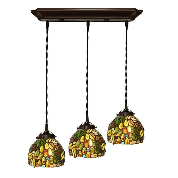 Bieye Tiffany Style Stained Glass Grapes 3 Light Pendant Hanging Lamp with 7 inches Handmade Lampshade and Rectangle Canopy (Green)