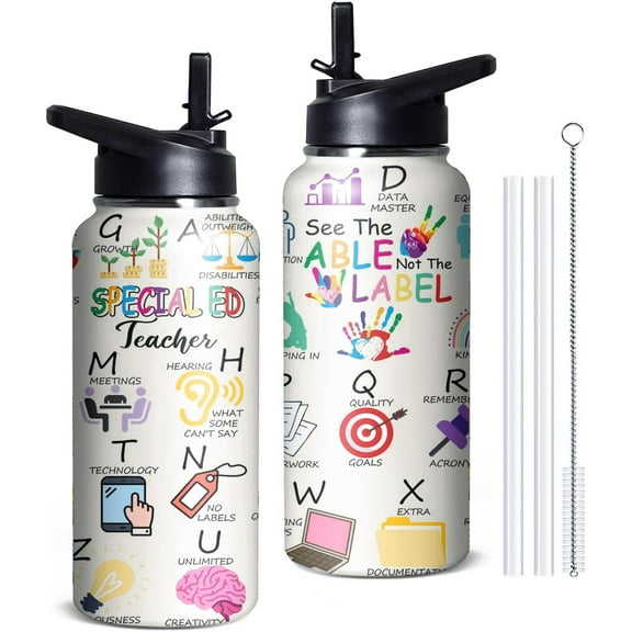 32 oz Insulated Stainless Steel Tumbler for SPED Teachers - Double Straws & Flip Lid, Travel Cup - Special Education Teacher Appreciation Gift (Women/Men)