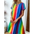 thumbnail image 4 of Whichone Women Summer Dresses V Neck Short Sleeve Casual Flare Sundresses Colorful Stripes Midi Dress S-XXL, 4 of 7