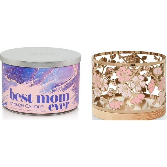 Yankee Candle Best Mom Ever (White Strawberry Bellini) 3-Wick Tumbler Candle with a Cherry Blossoms Jar Holder 2-pc Gift Set