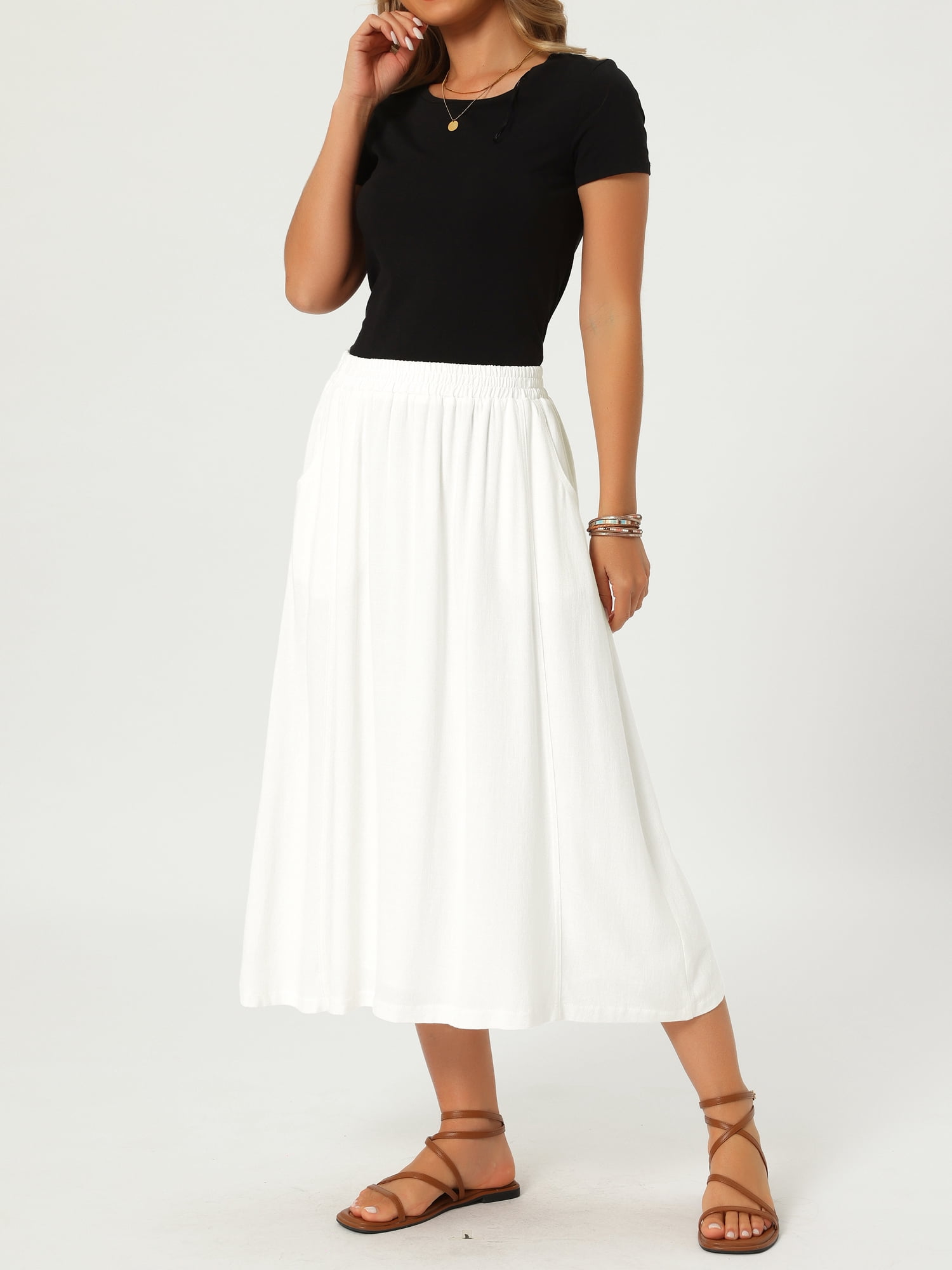 DARING DIVA Women's Flowy High Waist A-Line Midi with Pockets Skirt Small White