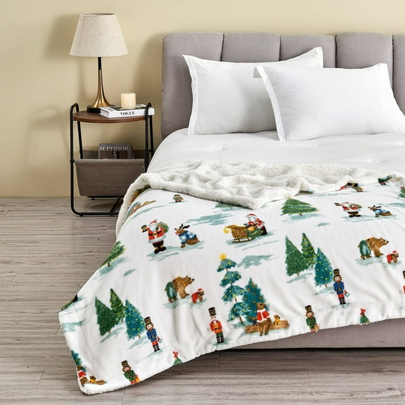 Holiday Printed Plush / Sherpa Throw Blanket, 50" x 60", Watercolor Santa and Friends