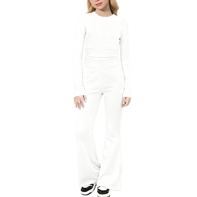 HAiming Ensemble 2 Pcs pour Filles, Manches Longues, Col Rond, Haut à Enfiler, Pantalon Évasé, Tenue Unie