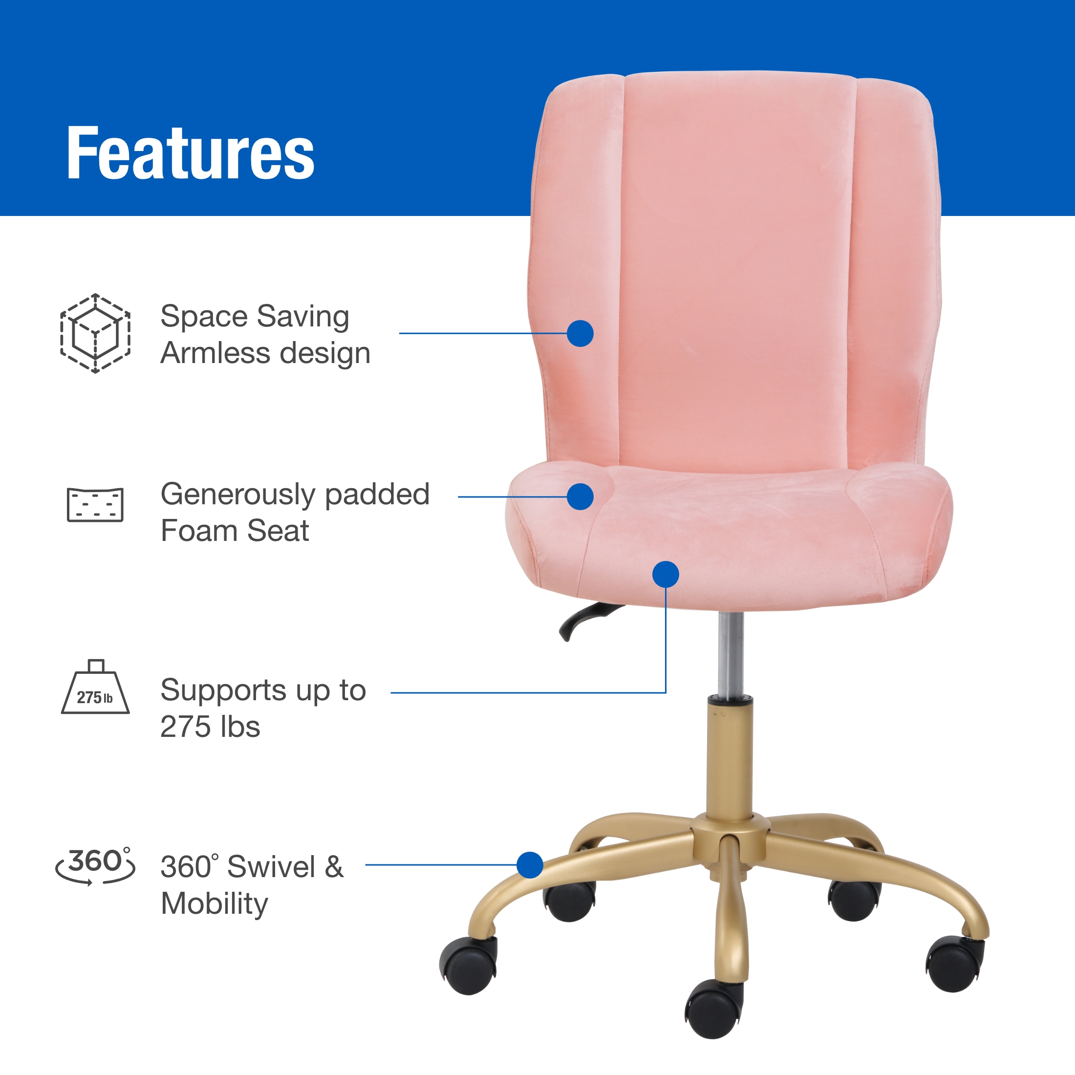 Mainstays Plush Velvet Office Chair, Pearl Blush - image 3 of 10