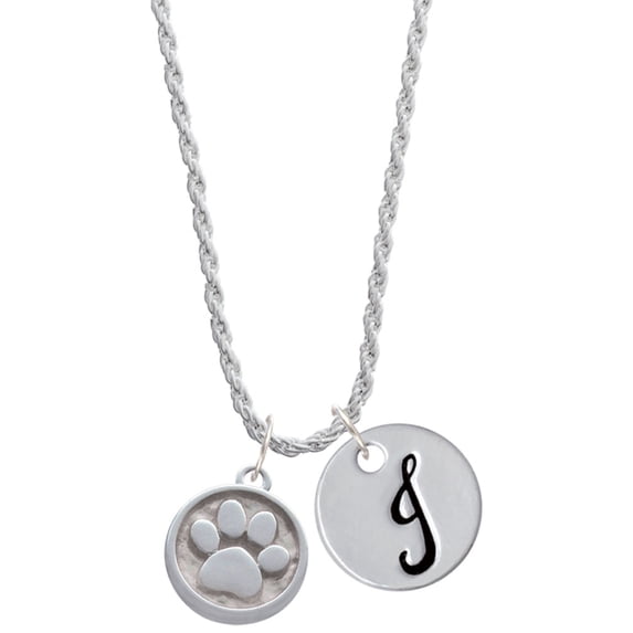 Delight Jewelry Silvertone Paw - Round Seal Silvertone Script Initial Disc - J - Charm Necklace, 20"+3"