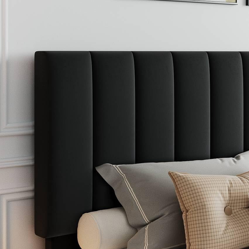 GarveeHome Queen Size Velvet Upholstered Platform Bed Frame with Adjustable Tufted Headboard, No Box Spring Needed, Sturdy Wood Slats, Easy Assembly, Black
