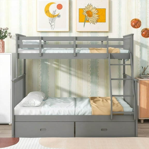 Twin Over Full Bunk Bed with Storage - Gray, Solid Pine Wood