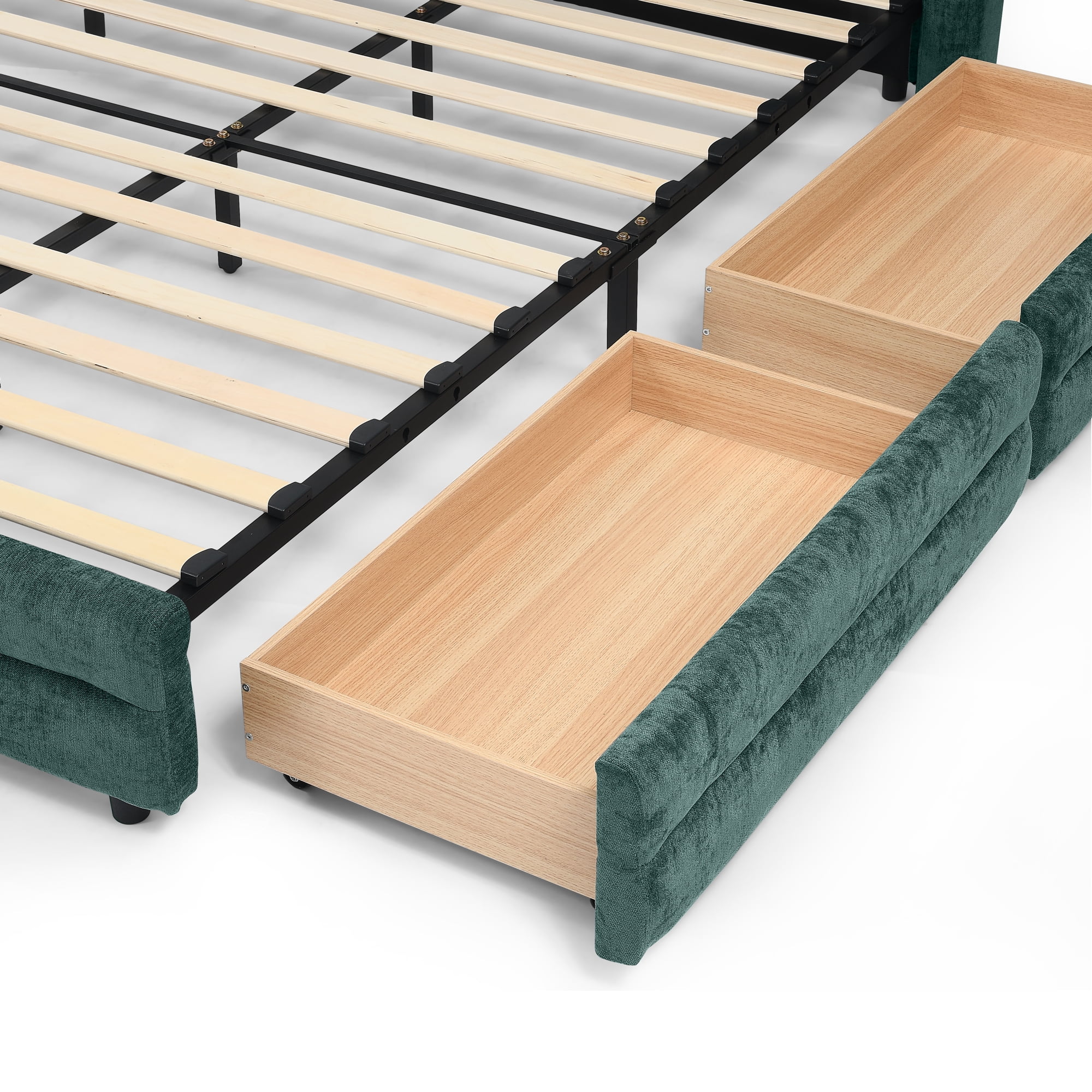 Modern Blueish Green Wood Frame Queen Size Platform Bed, Queen Chenille Upholstered Platform Bed with Headboard & 4 Drawers