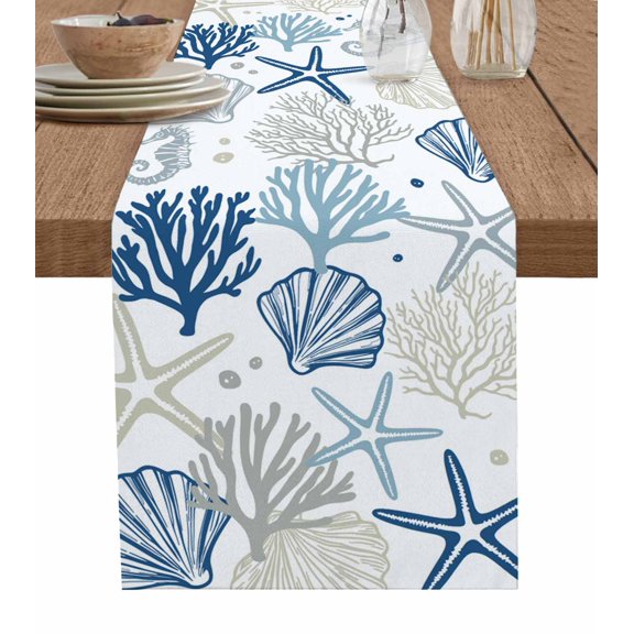 Boanket Blue Ocean Table Runner - 72 Inch Long, Kitchen Dining Table Runner Dresser Scarves, Coastal Sage Green Starfish Shell Seahorse Farmhouse Home Decor for Coffee Table Wedding Party Banquet
